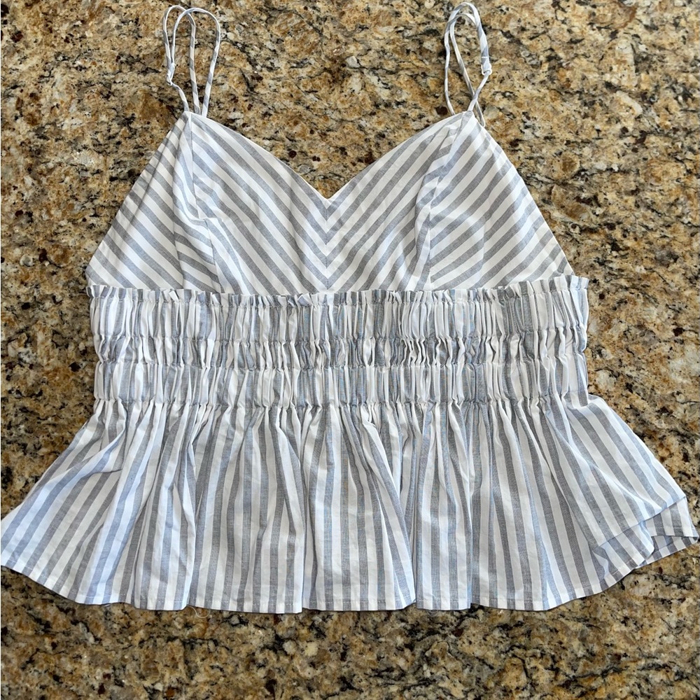 Express Gray & White Striped Tank Top with Ruched Waist Size Medium